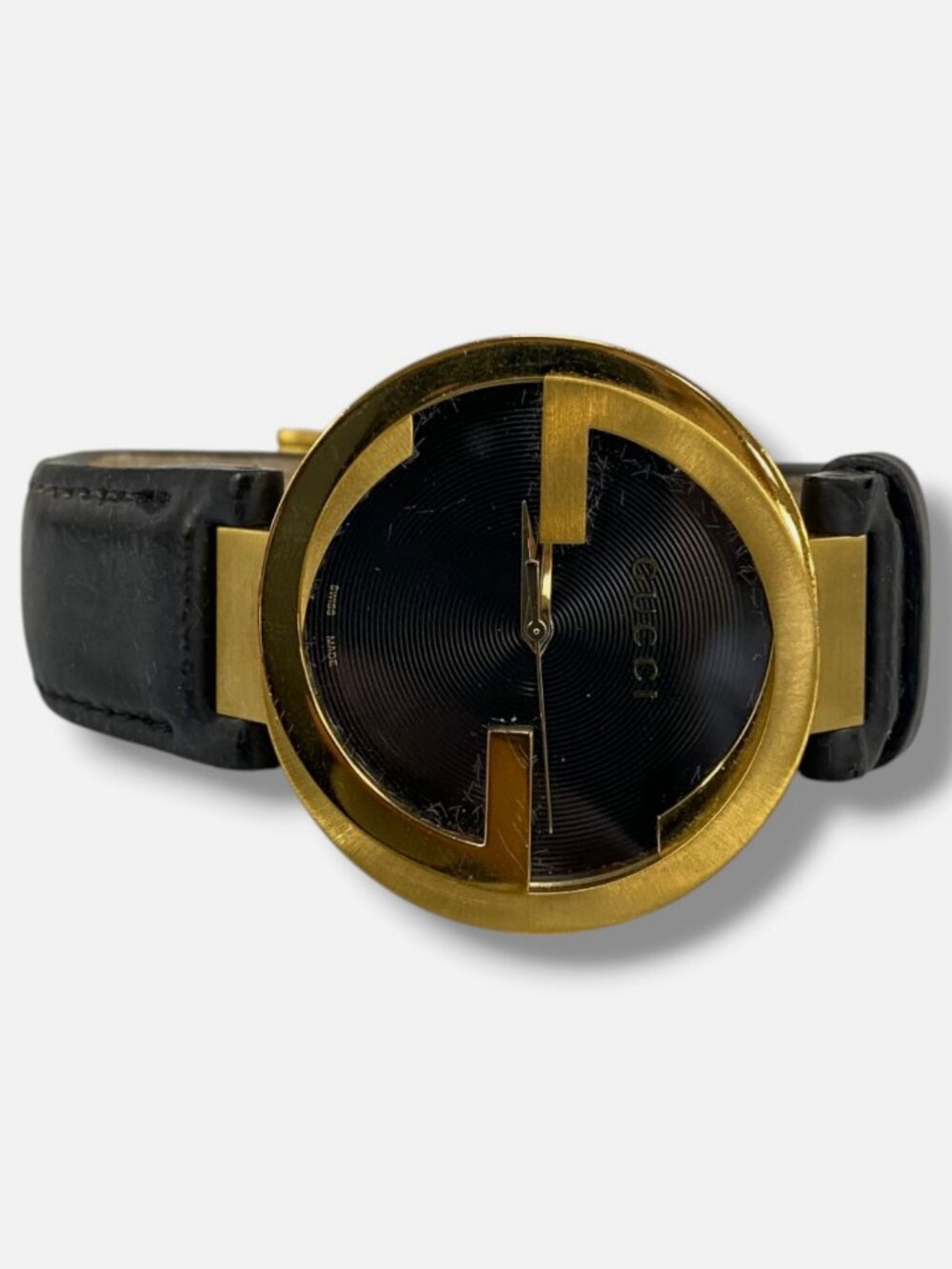 Gucci Women's Black Gold Interlocking G Leather Strap Watch 37mm